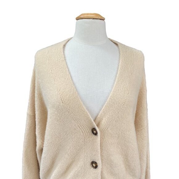 Urban Outfitters Oversized Puff Sleeve Button Cardigan Cream Slouchy Fuzzy-S - Picture 2 of 13